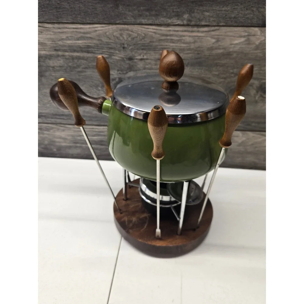 Vintage MCM Avocado Green Enamel Fondue Set Wood Base 6 Forks Stainless Lid 70s